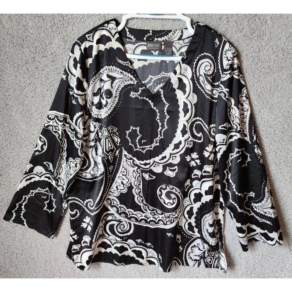 Additions by Chicos Long Sleeve V Neck Blouse Top Satin Black/White Paisley Sz M